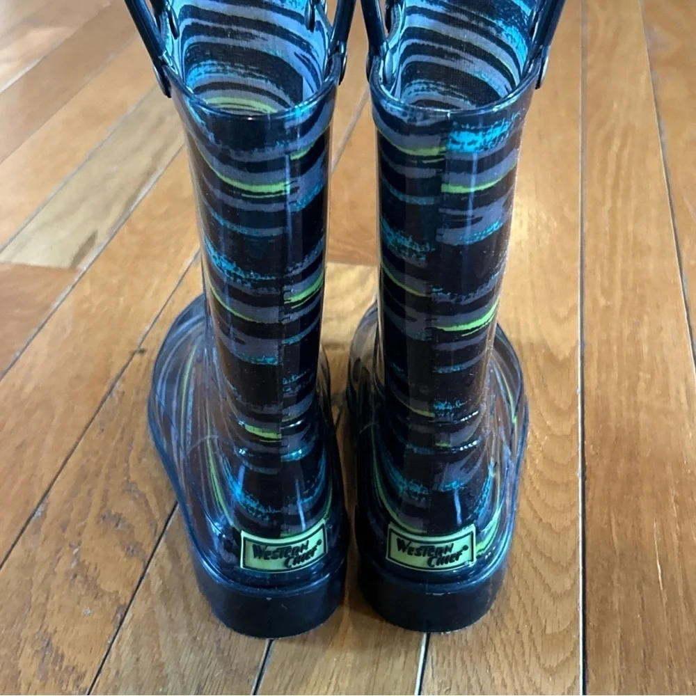 Western Chief Black Brush Stripe Lighted Pull On Boys Youth Rain Boots Size 13
